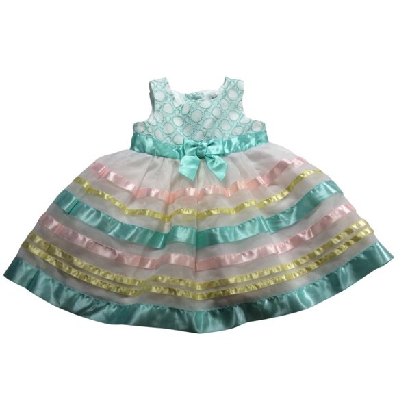 👣 5/$25 - White/Multi Pastel Striped Formal Dress w/ Circle Embroidery & Bow - Picture 1 of 3